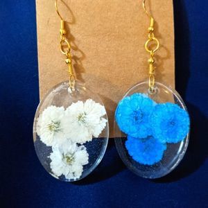 White and Blue Pressed Flower Dangle Earrings